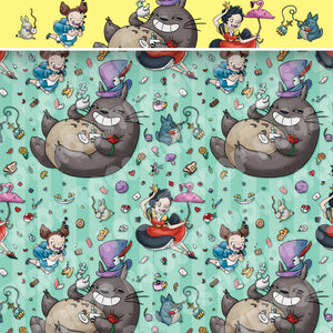 Totoro x Alice Fabric - "Falling Alice Totoro" - in teal by the half yard
